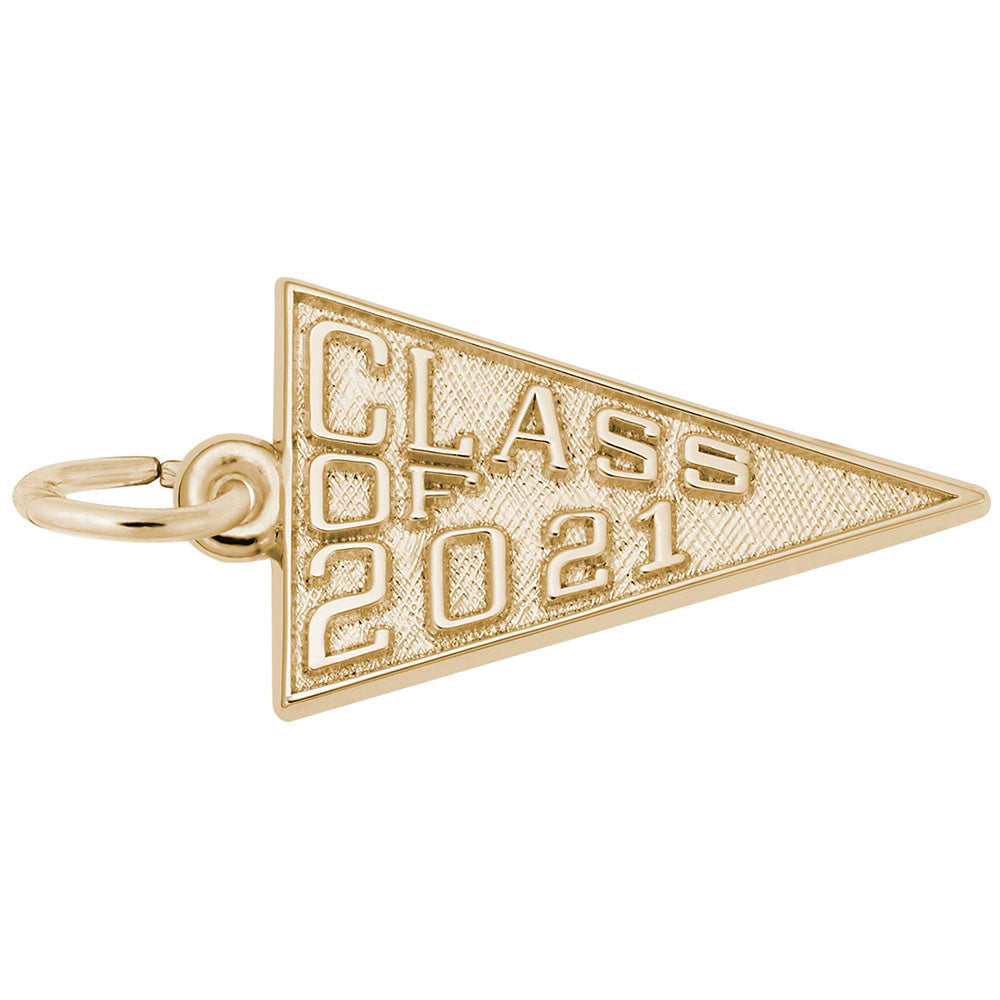 Gold 'Class of 2021' pennant charm on a white background