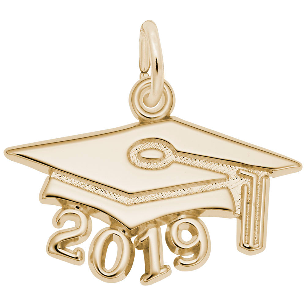 Gold graduation cap charm with '2019' on a white background