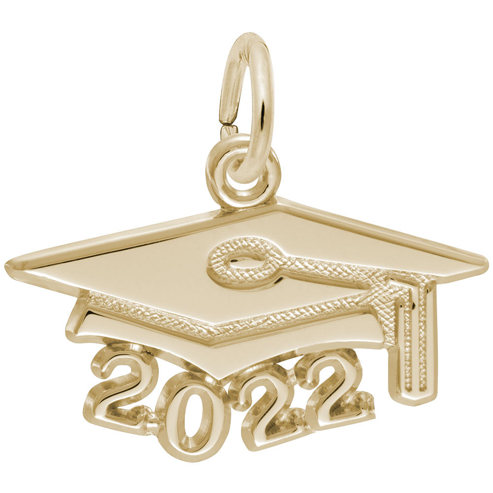 Gold graduation cap and '2022' charm on a white background