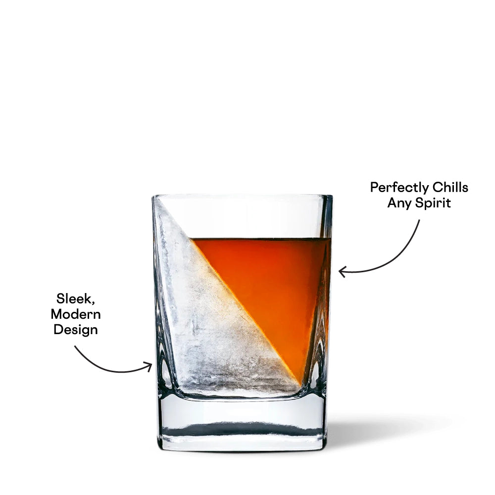 Clear glass with a triangular ice cube and liquid, labeled 'Sleek, Modern Design' and 'Perfectly Chills Any Spirit'.