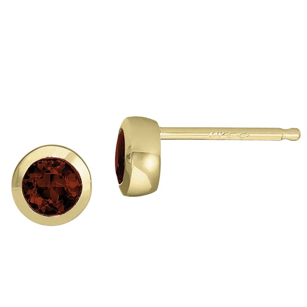 Yellow gold bezel set round garnet stud earrings on a white background
