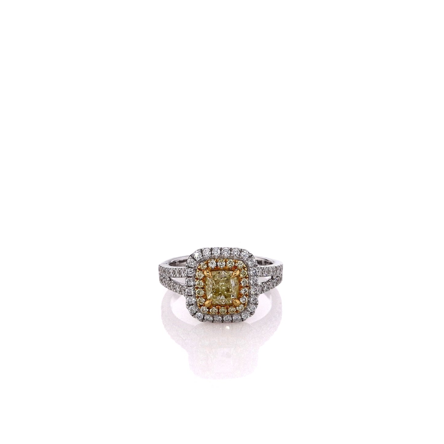18k Two-Tone Double Halo and Split Shank Yellow and White Diamond Ring