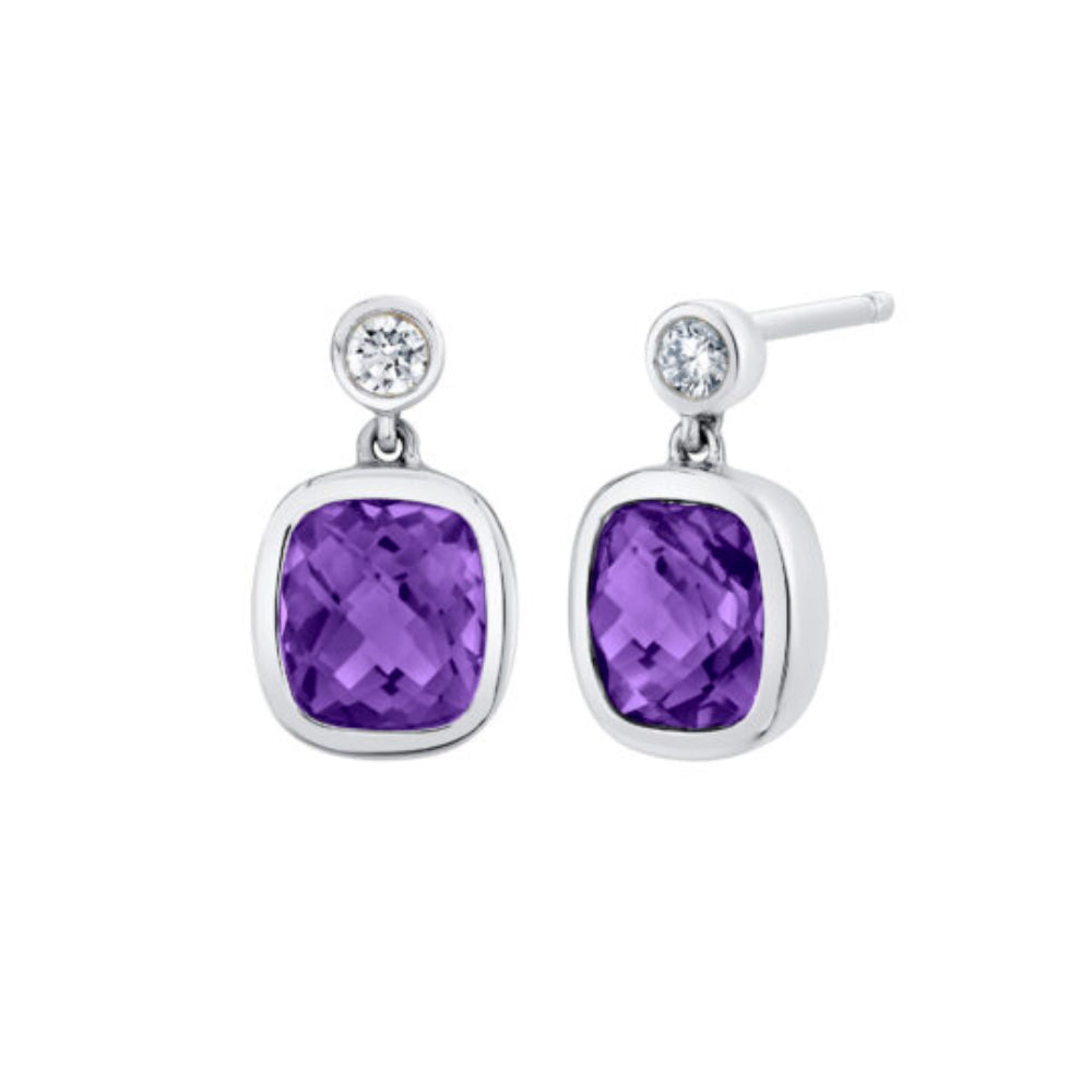 White Gold Amethyst Drop Earrings with round diamond accent