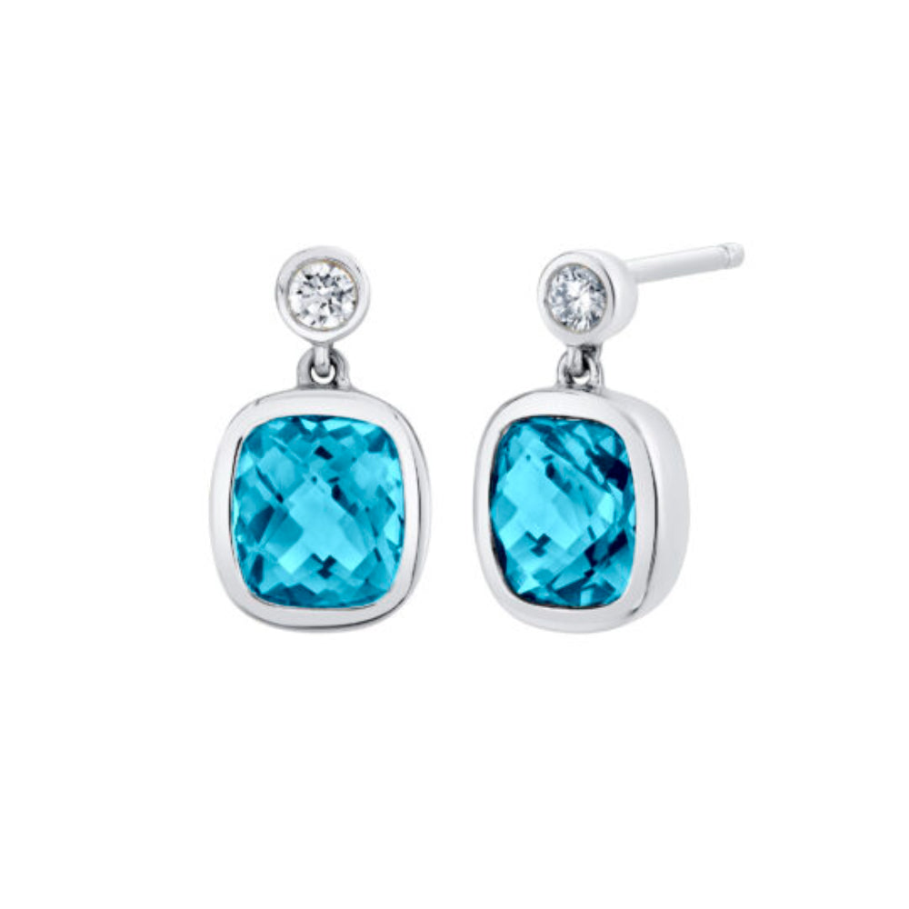White Gold Blue Topaz Drop Earrings with round diamond accent