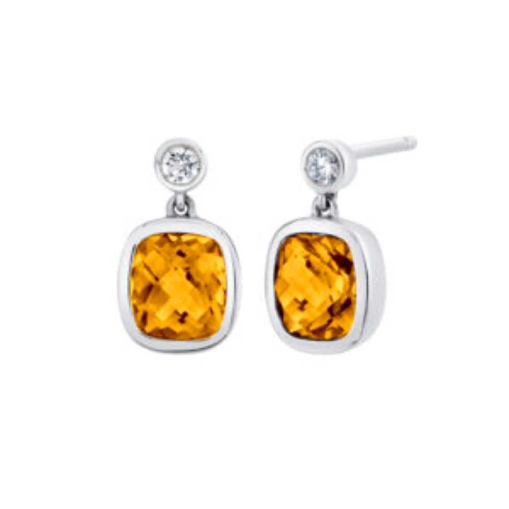 White Gold Citrine Drop Earrings with round diamond Accent