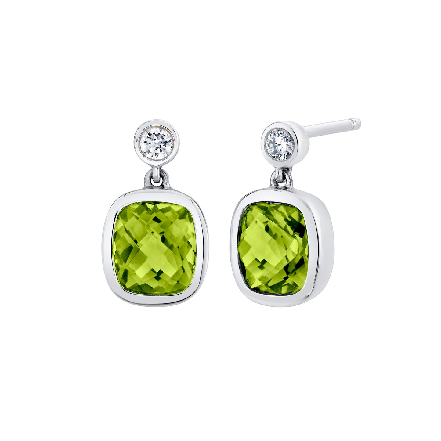 Pair of earrings with green gemstones and clear stones on a white background