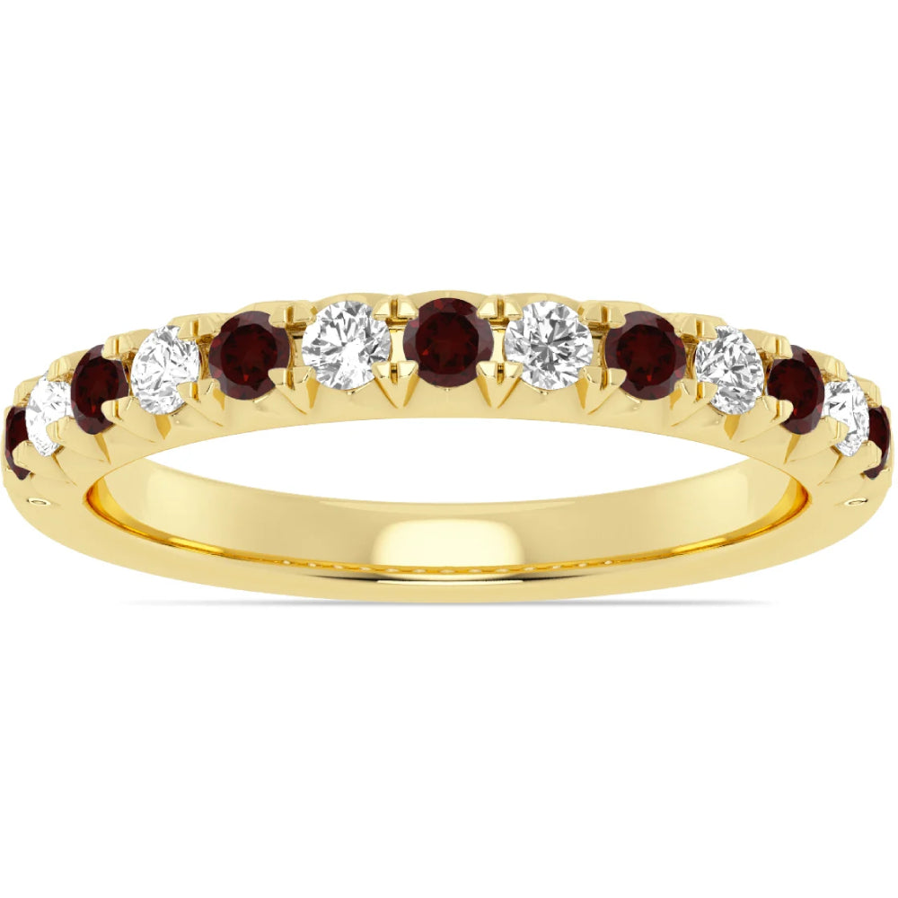 14k Yellow Gold Alternating Red Garnet and Diamond Half Way Band