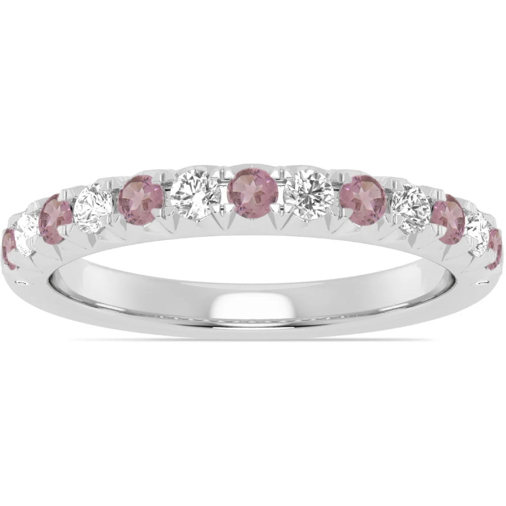 14k White Gold Alternating Pink Tourmaline and Diamond Half Way Band