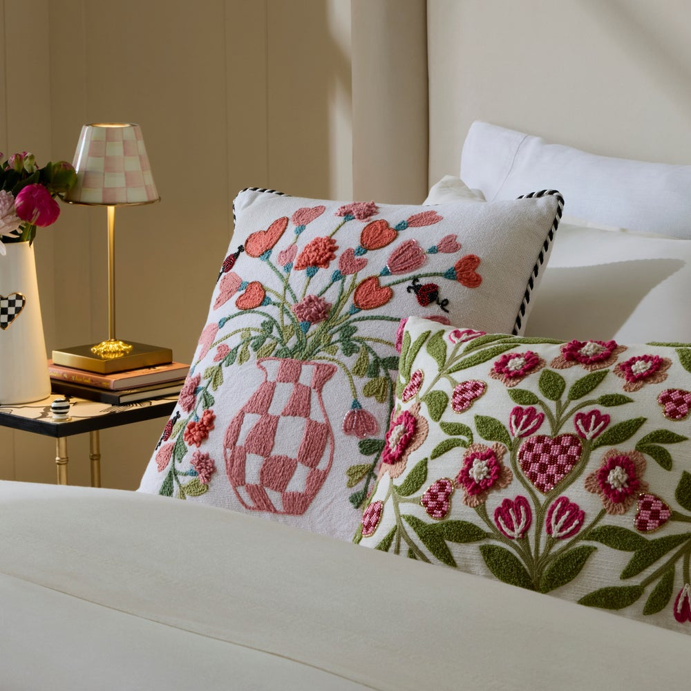 MacKenzie-Childs Pink Check Hearts Bouquet Throw Pillow