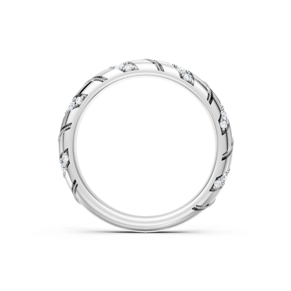 Silver ring with small diamonds on a white background