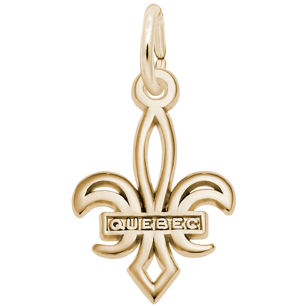 Gold Fleur De Lis charm with 'Quebec' text, shown on a white background