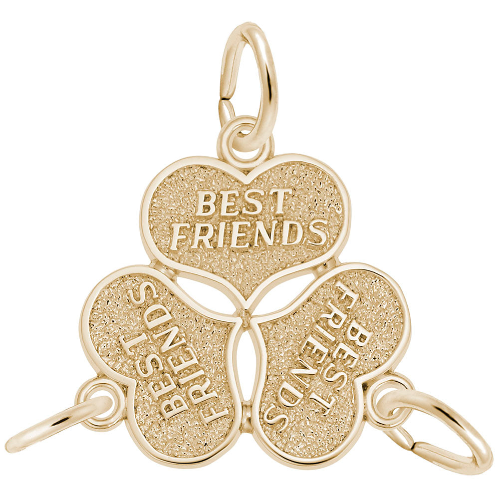 Gold 3 part charm with 'Best Friends' engraved on it on a white background