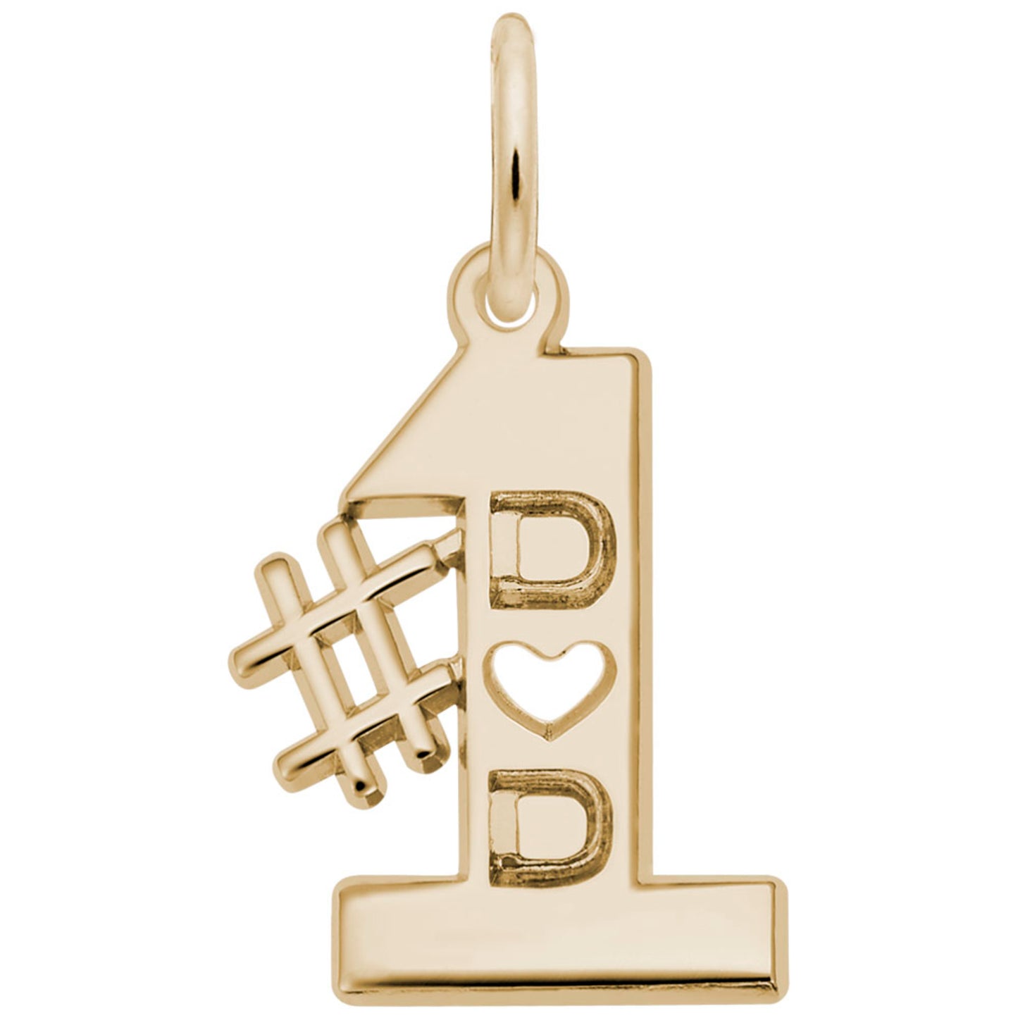 Gold #1 shaped charm with 'DAD' text and heart cutout on a white background