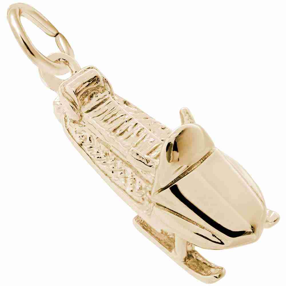 Gold snow mobile charm with textured seat and running boards, shown on a white background