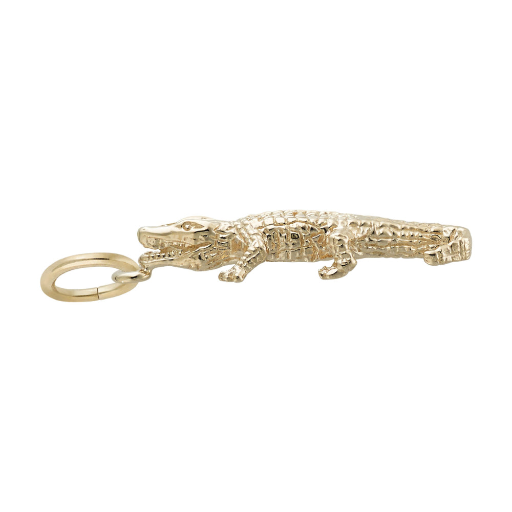 Side view of a gold alligator charm with textured scales on back and side, shown on a white background
