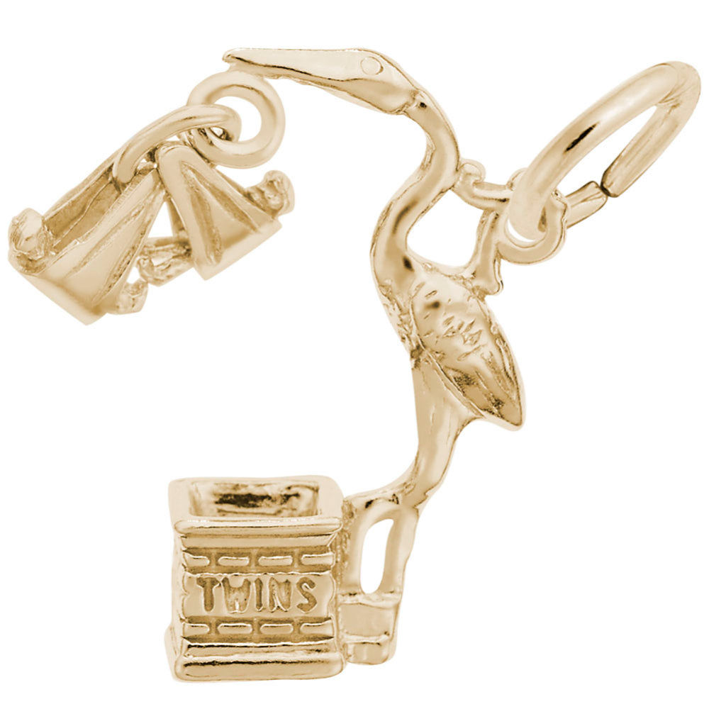 Gold charm with a cranes and two blanketed babies along with 'TWINS' text on a white background