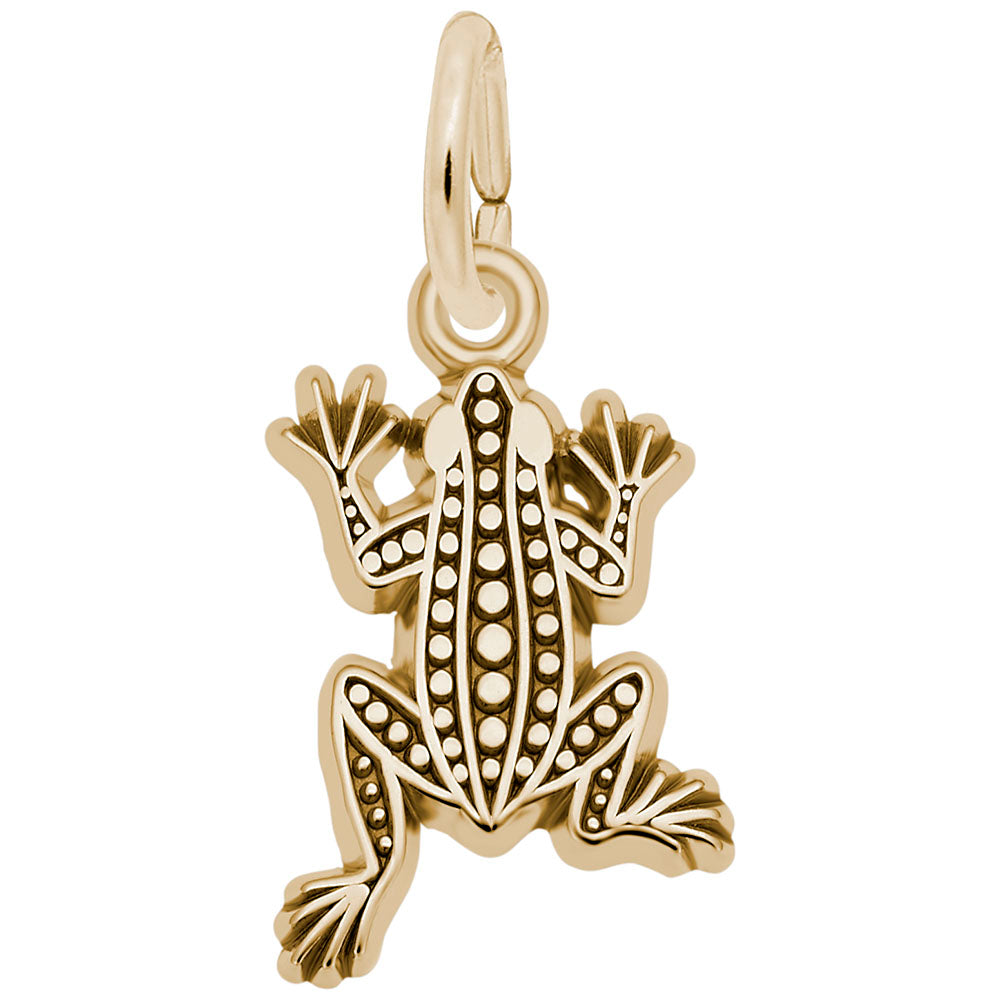 Gold leopard frog charm, shown on a plain white background