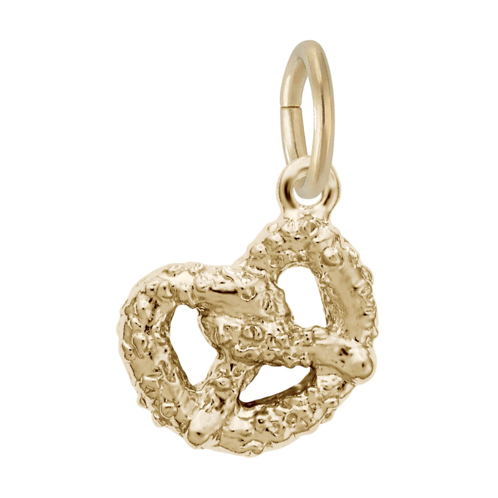 Gold pretzel-shaped textured charm on a white background