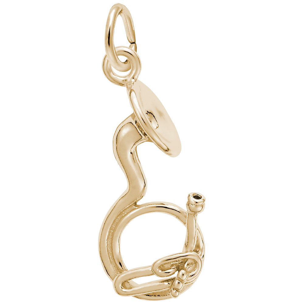 Gold Tuba charm with a polished finish, shown on a white background