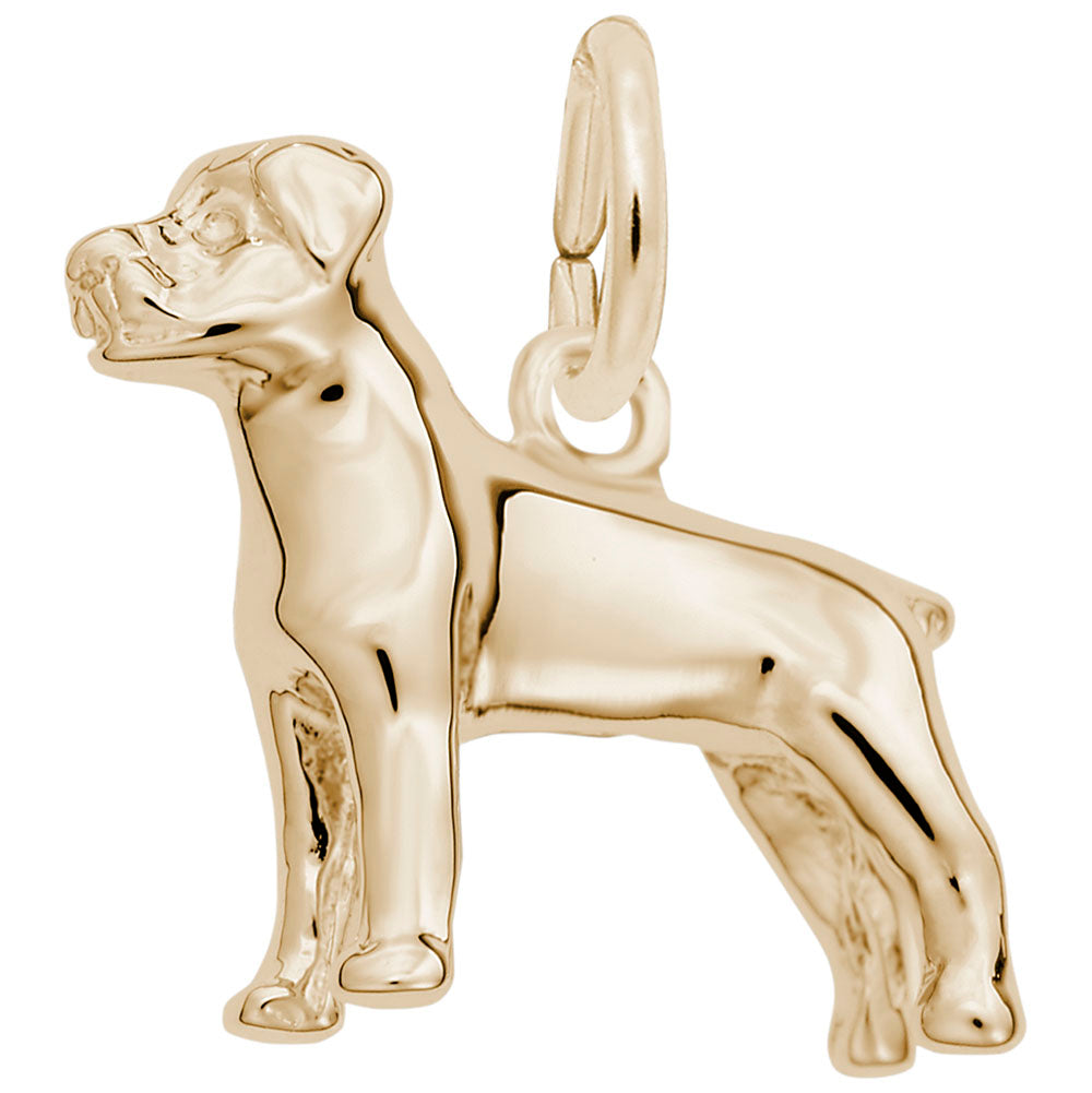 Gold Rottweiler charm with a polished finish, shown on a white background
