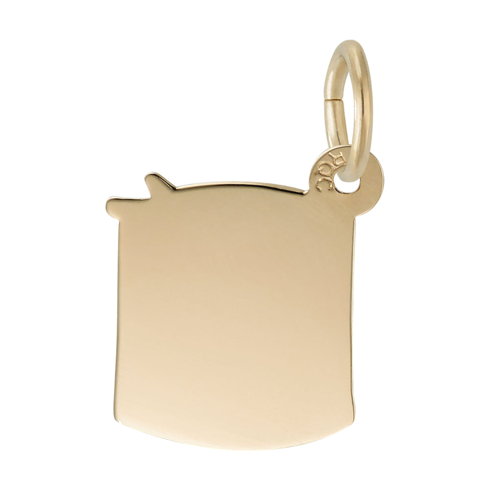 Polished back of a gold drum and drumsticks charm, shown on a white background