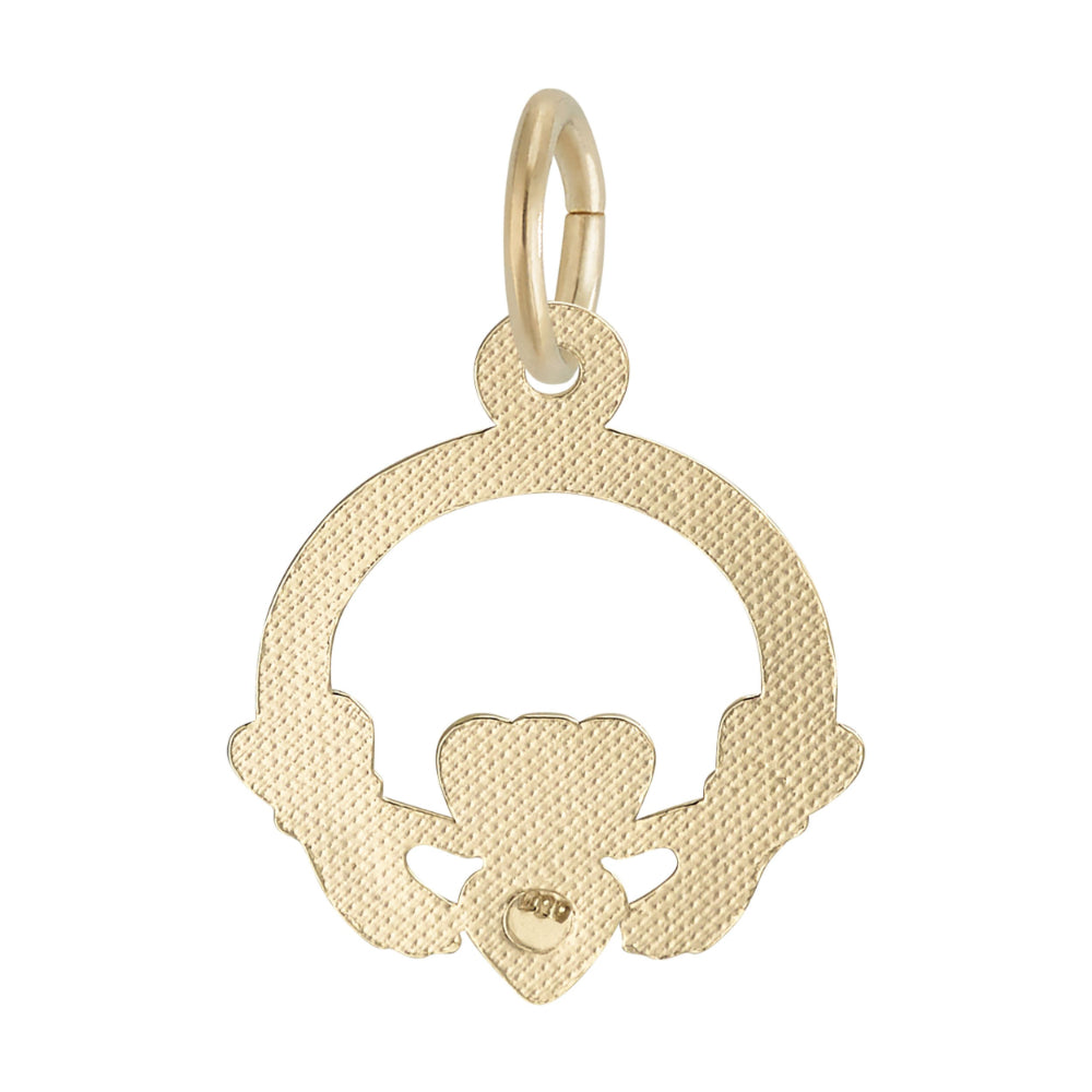 Back of Gold Claddagh pendant on a white background