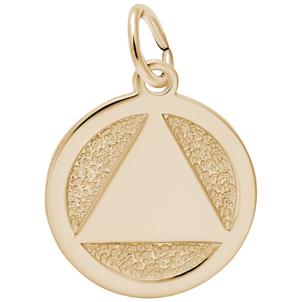 Gold disc charm with the symbol for AA in the center, shown on a white background