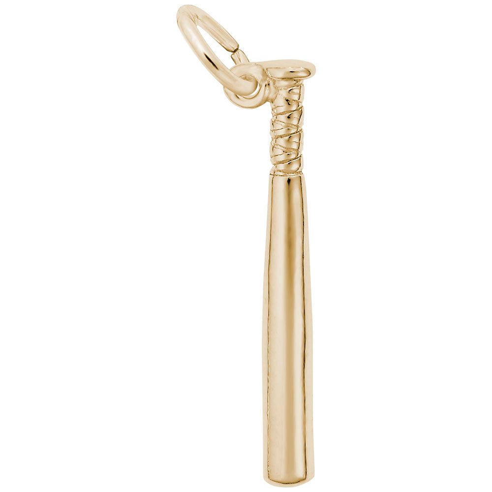 A gold baseball bat charm with a textured wrap-around neck, shown on a plain white background.