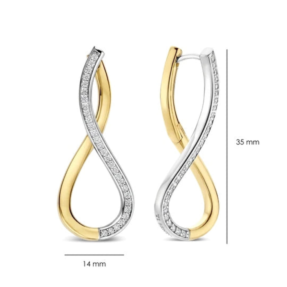 Two 14k yellow gold and 18k white gold hoop earrings with pavé-set clear cubic zirconia, shown with dimension markings of 14 mm width and 35 mm height on a white background.