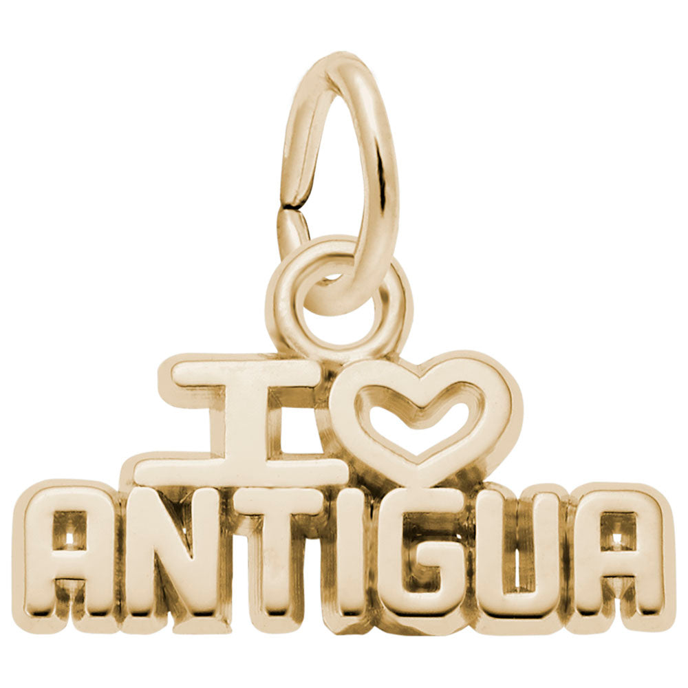 Gold 'I ❤️ Antigua' text charm shown on a plain white background
