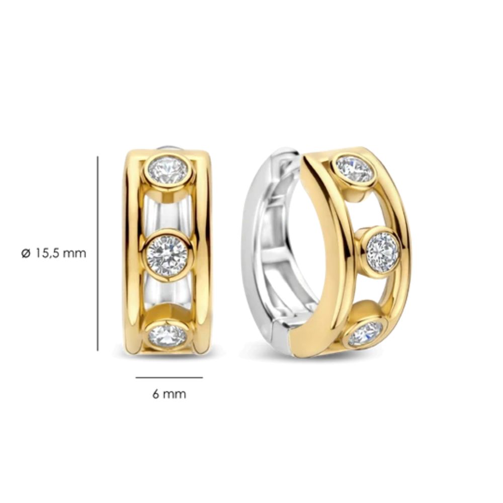 Two tone open circle hoop earrings with zirconia stones measuring 15.5 length and 6mm in width