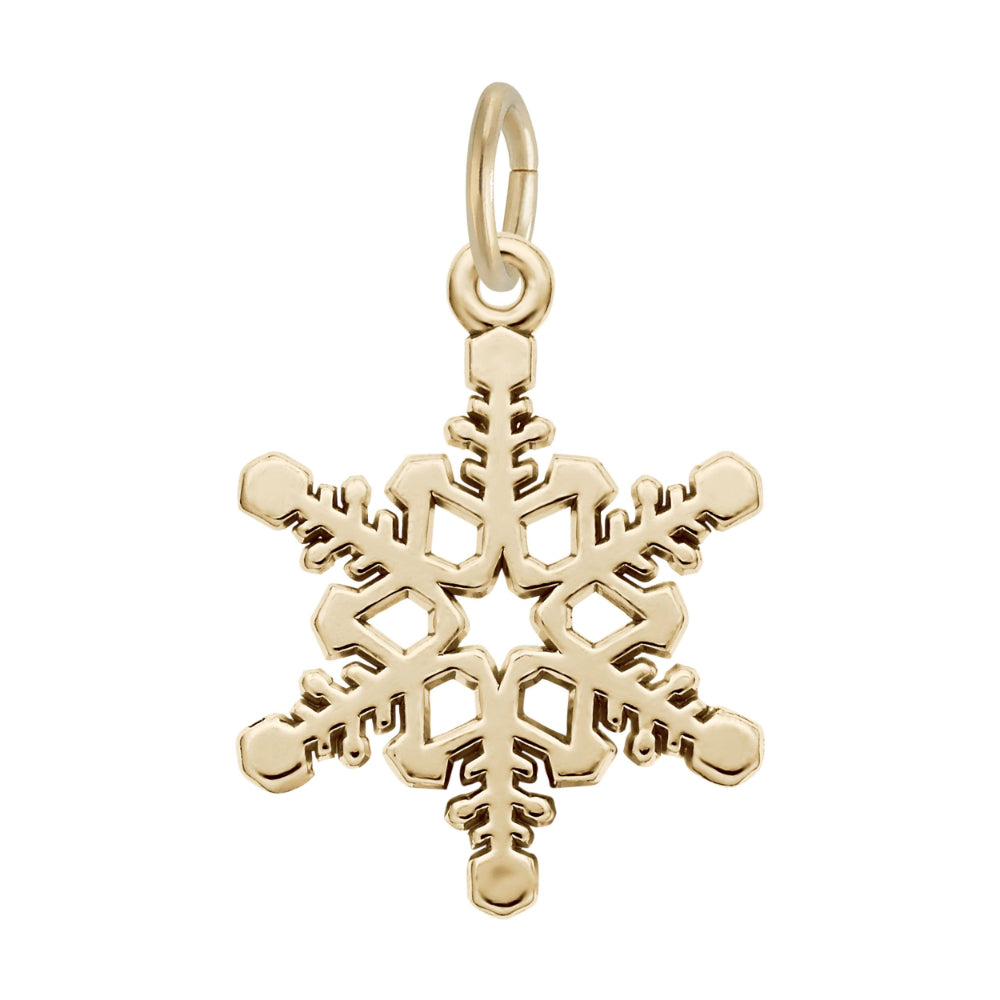 A gold snowflake charm with a polished finish, shown on a solid white background.
