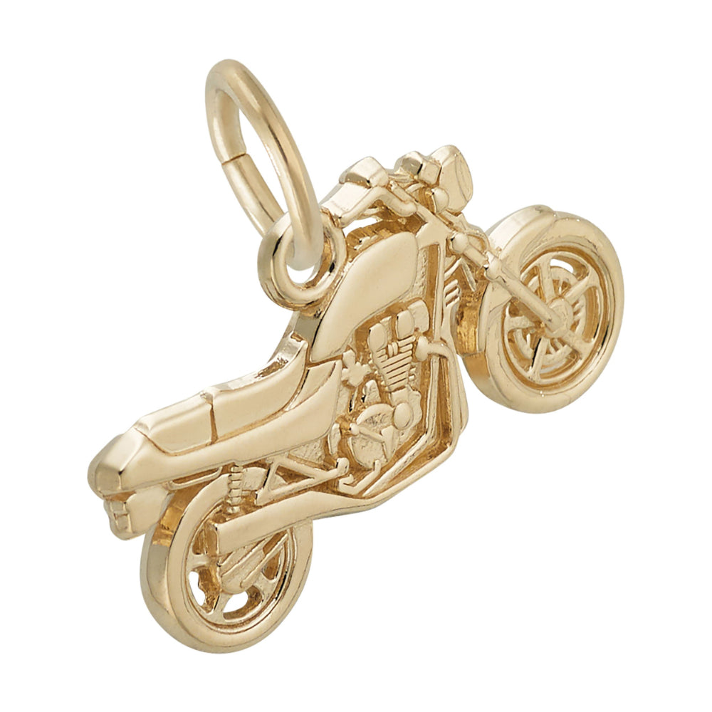 A gold motorcycle charm with detailed engine and wheel features, shown on a plain white background.