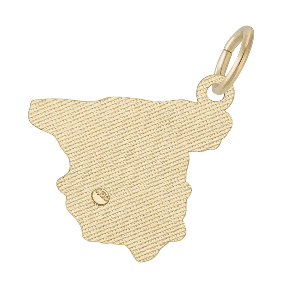 A gold charm shaped like the map of Spain, featuring a textured surface and a small circular logo near the center, shown on a plain white background.