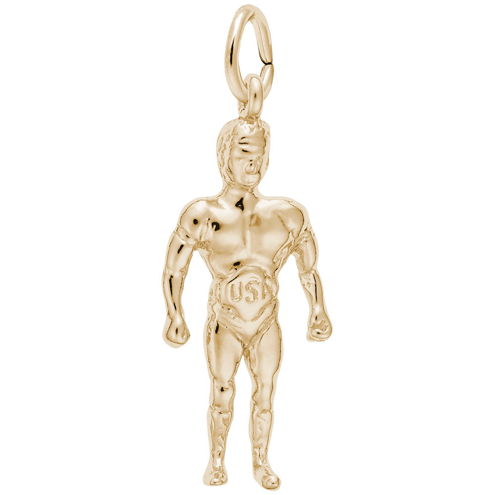 Gold wrestler charm with "USA" engraved on the torso, shown on a white background