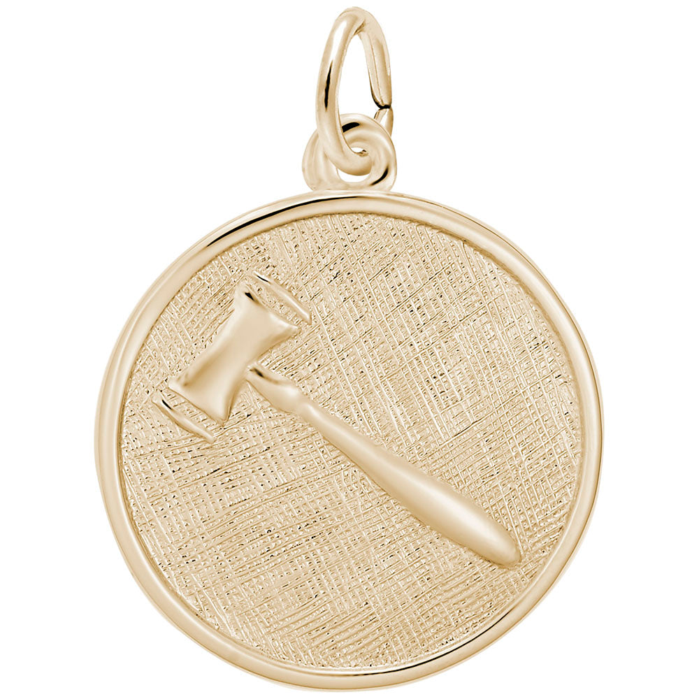 Gold disc charm with a gavel inscribed upon it, shown on a white background