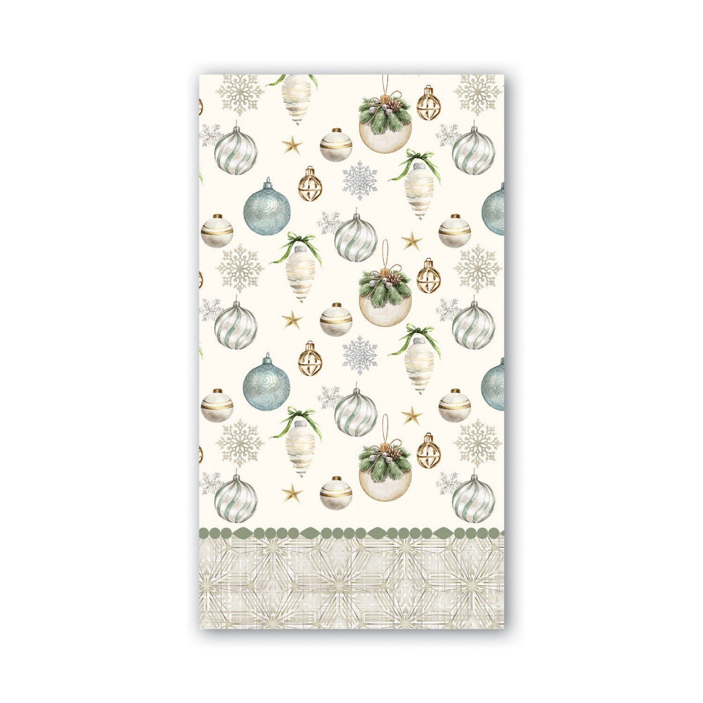Decorative paper towel with Christmas ornament pattern on a white background.