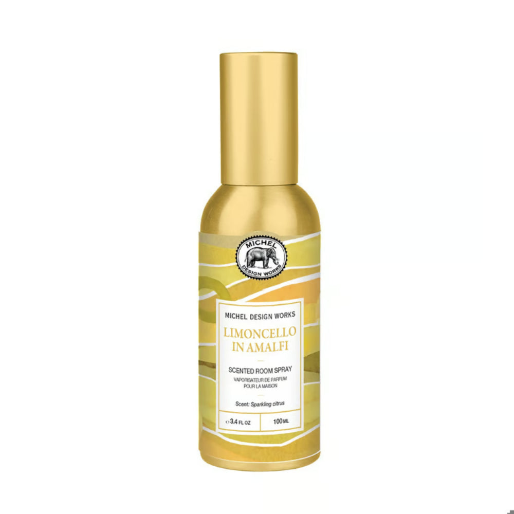 A 100mL bottle of Michel Design Works Limoncello in Amalfi scented room spray, featuring a metallic gold cap and a gold, yellow, and white label with a black logo.