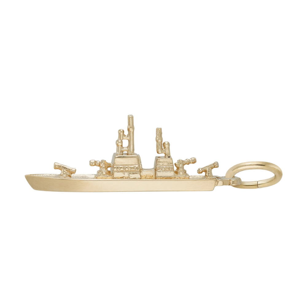 A gold charm shaped like a military destroyer ship, featuring a detailed deck, antennas, and turrets, shown on a plain white background.