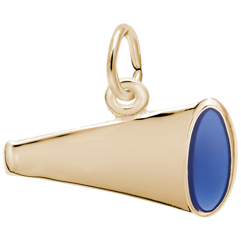 Gold megaphone charm with painted blue end on a white background