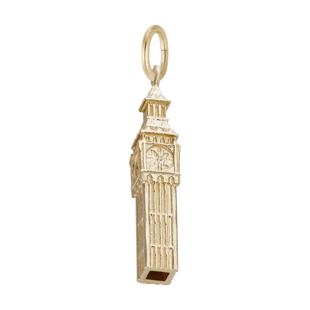 A gold charm shaped like Big Ben, featuring detailed clock faces and architectural elements, shown on a plain white background.
