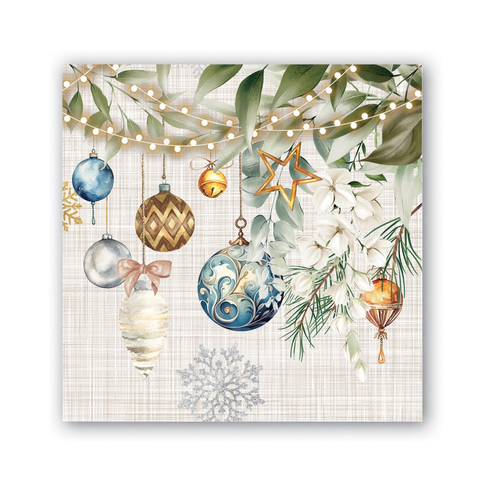 A festive cocktail napkin with a Christmas theme, featuring silver and gold ornaments, green foliage, and white snowflakes on a beige background.
