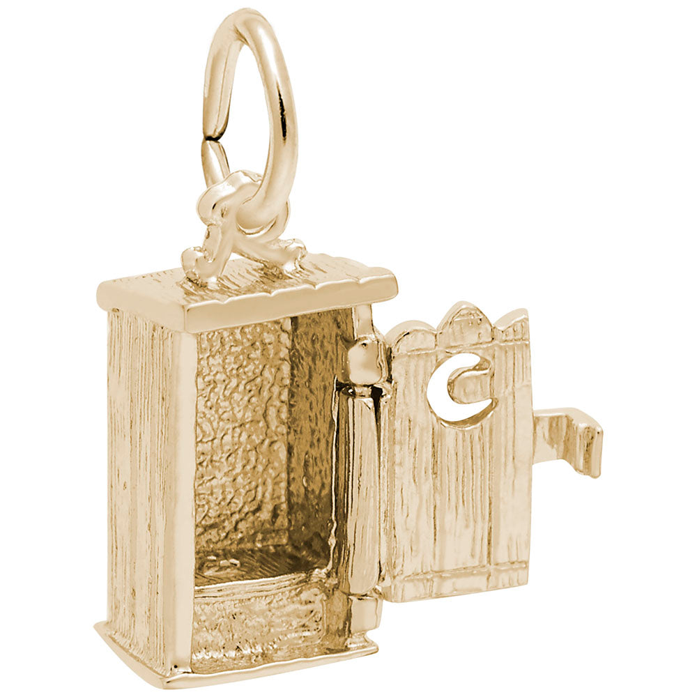 Gold Outhouse charm with detailed boards and an open door with a moon shaped hole, shown on a white background