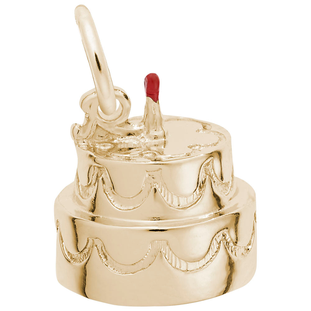 Gold cake charm with a red candle on a white background