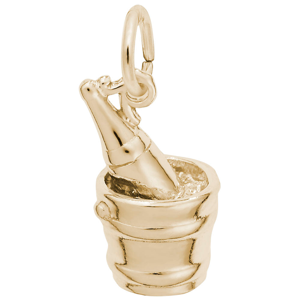 Polished gold ice bucket and champagne bottle charm, shown on a white background