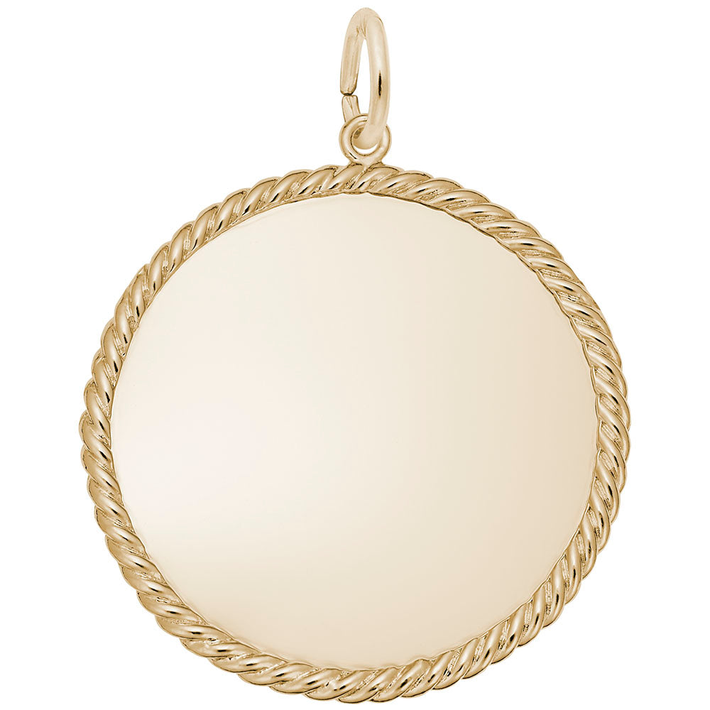 Gold disc charm with rope edging, shown on a white background