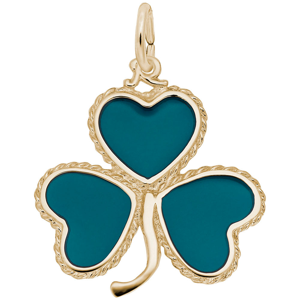 Green shamrock charm with gold outline on a white background