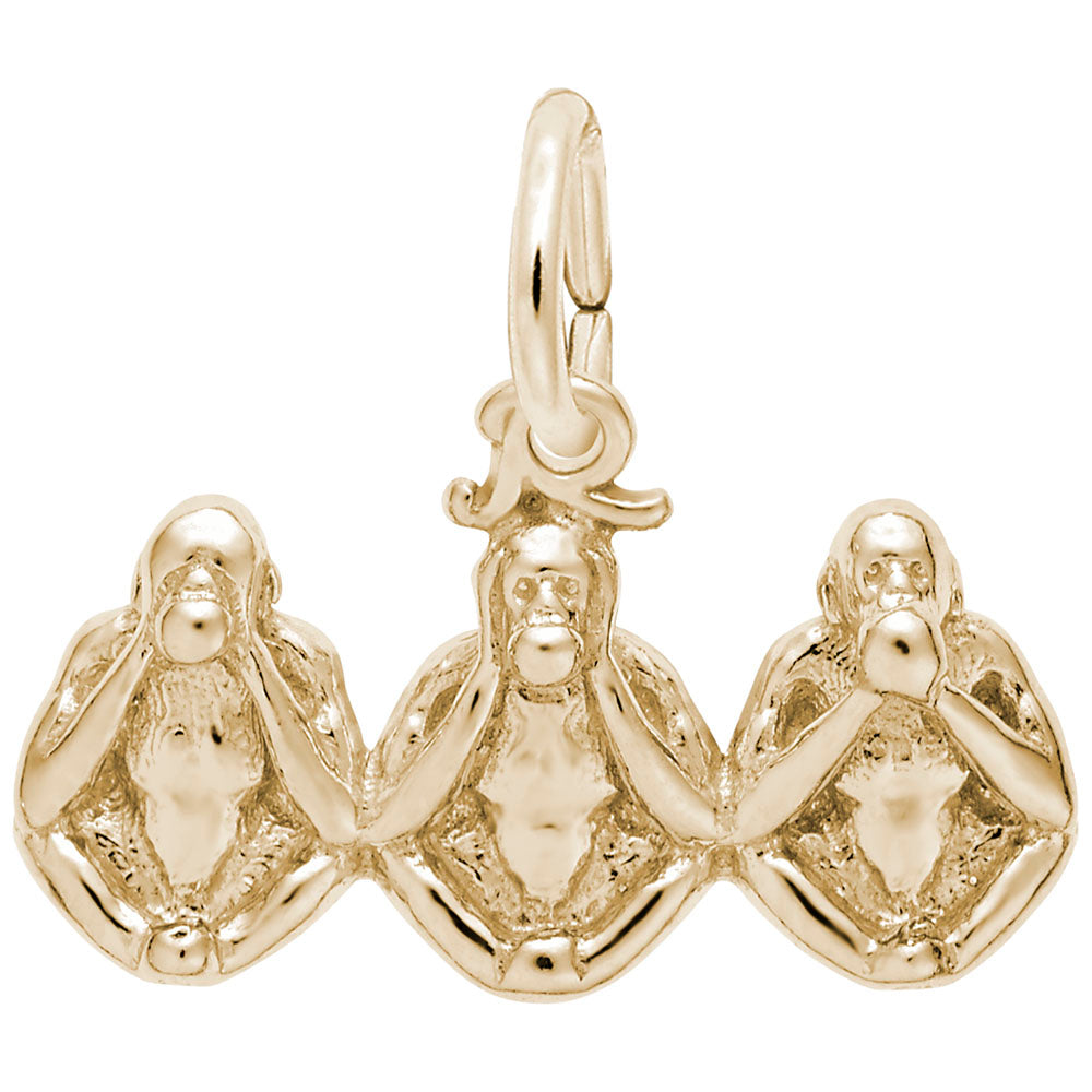 Gold charm shaped like the "See, Hear, and Speak No Evil" monkeys,. shown on a white background