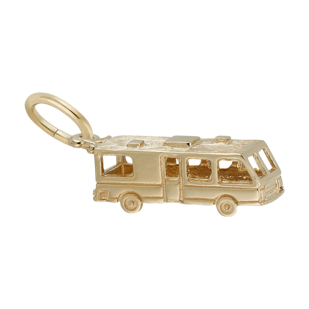 Gold charm shaped like a camper van on a white background facing right