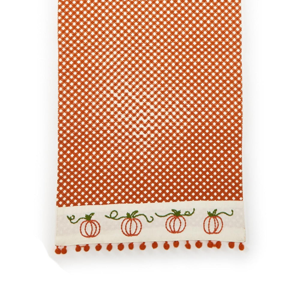 Two's Company Gingham Gathering Table Runner With Pumpkin Embroidery And Pom Pom Trim-Cotton